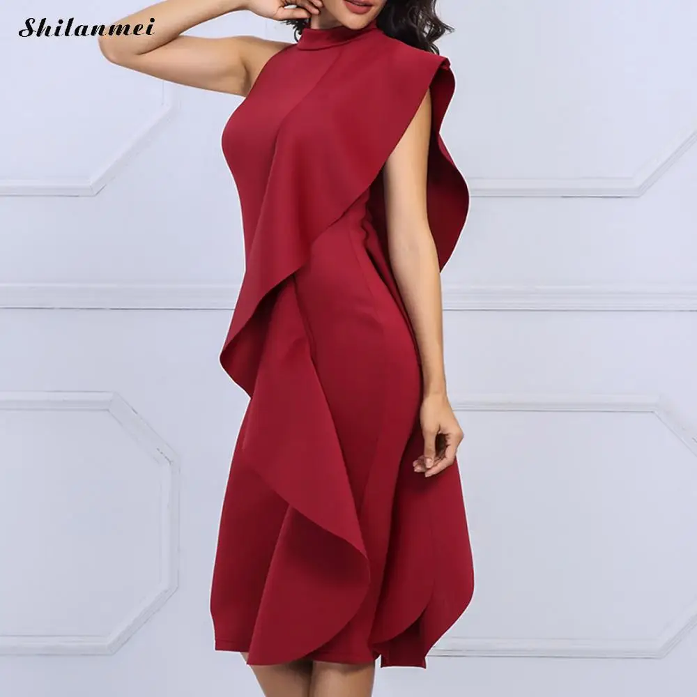 

Elegant Ruffle Slim Bodycon Dress Women Office Ladies Midi Dresses Sexy Sleeveless Celebrity Party Jurken Vestidos 2018 Summer