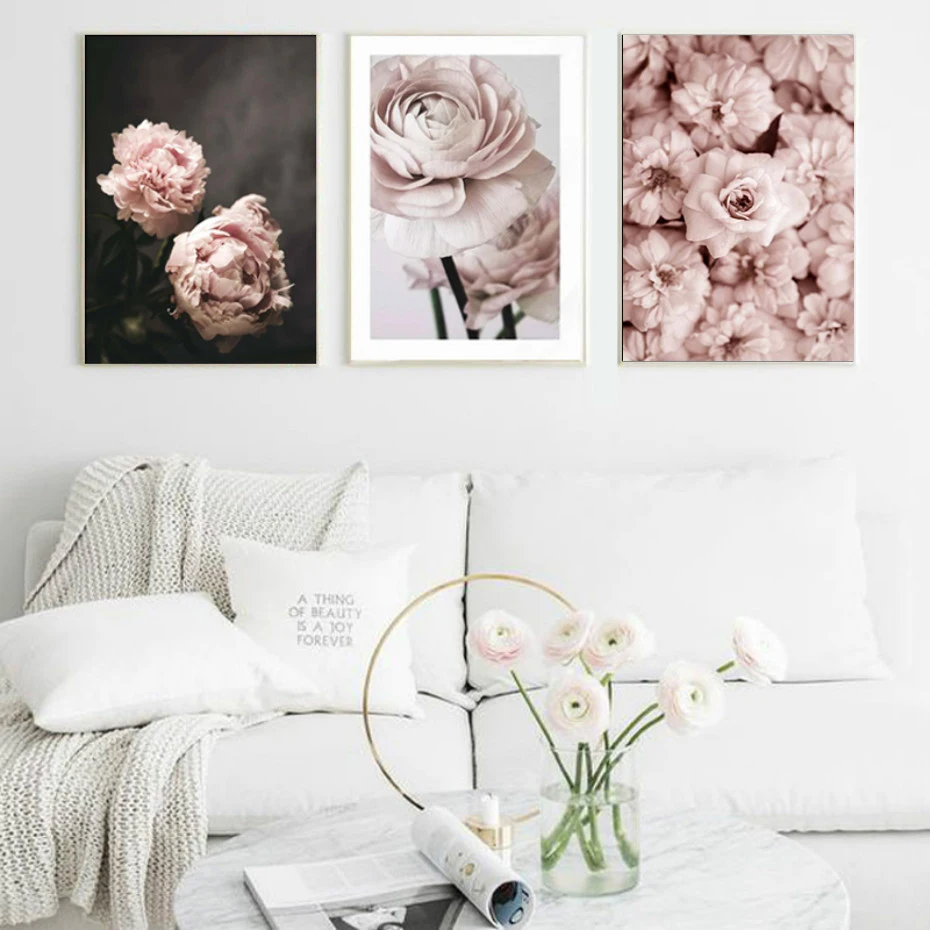 Modern Romantic Light Pink Peonies Flowers Canvas Paintings Gallery Posters Prints Wall Art Pictures Bedroom Interior Home Decor