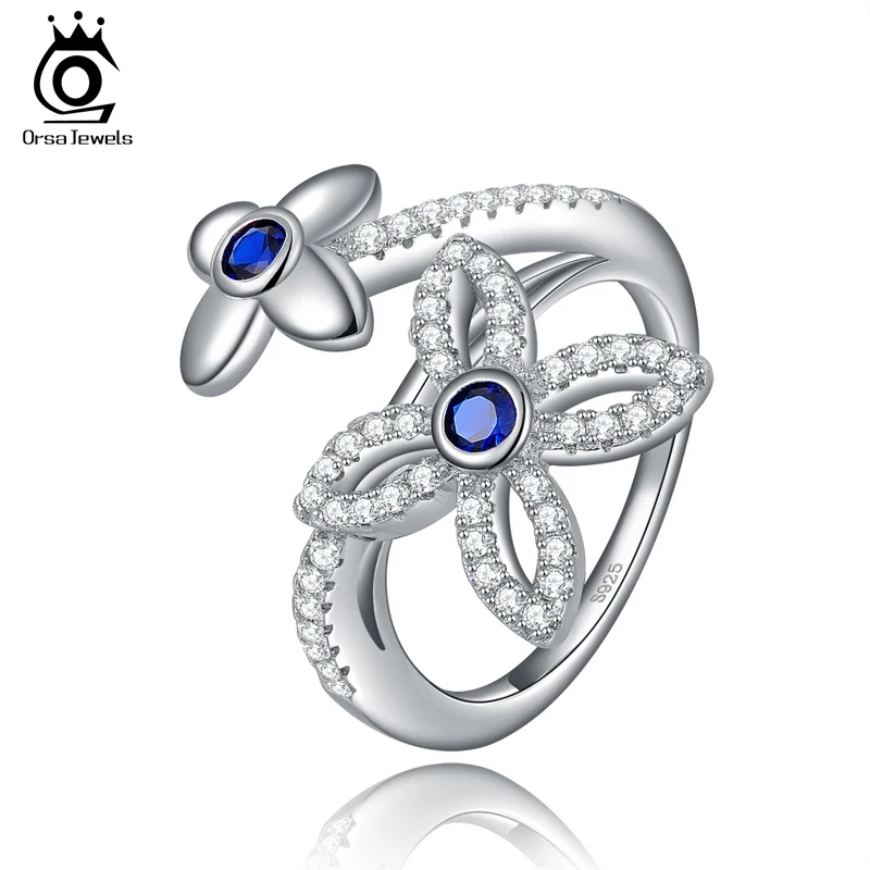 ORSA JEWELS Female's Rings Double Flowers Design AAA Blue Cubic Zirconia Fashion Ring Jewelry For Party OR45
