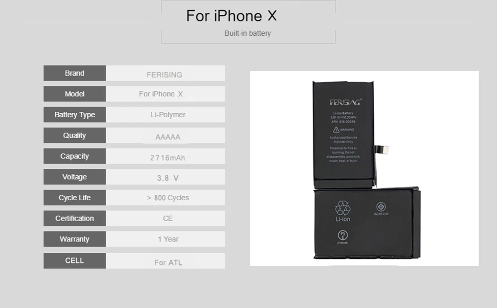 FERISING, аккумулятор для телефона iPhone X, 6 P, 6SP, 7 P, 8 P, емкость, батарея для ремонта, 0 циклов, сменные батареи, 6, 7, 8 PLus