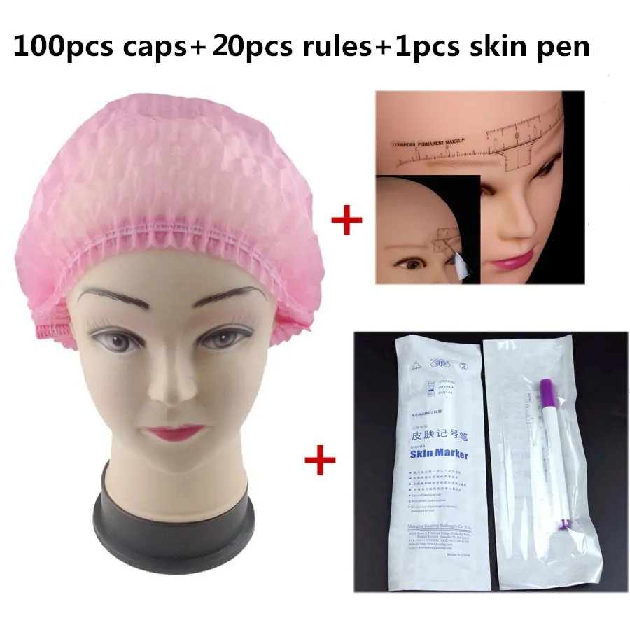 100 шт, колпачки для перманентного макияжа, одноразовая Стерильная шапочка, тату, аксессуары для микроволокна, линейка для бровей, липкая измерительная маркировка кожи