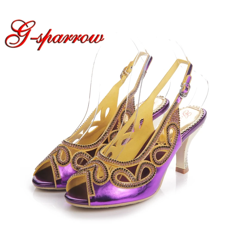 

Women Shoes Summer Sandals Purple Rhinestone Wedding Party Prom Heels Thin Heel Cut-out Gladiator Sandal Large Size 10