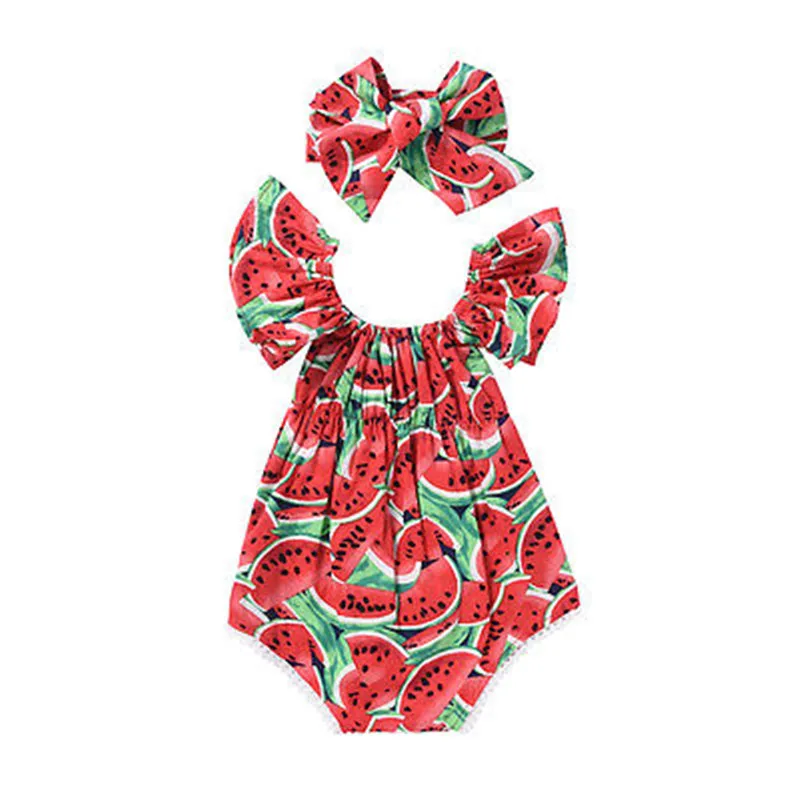 

Newborn Baby Girls Romper Red Watermelon Clothes Round Neck Flare Short Sleeve Romper +Headband Jumpsuit Outfits Playsuit Baby