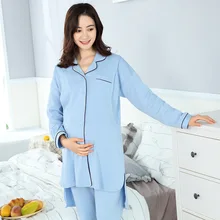 Халат для беременных; ночная рубашка с длинными рукавами из чистого хлопка; Однотонная синяя Пижама для кормящих женщин; больничное платье; комплект одежды для беременных женщин
