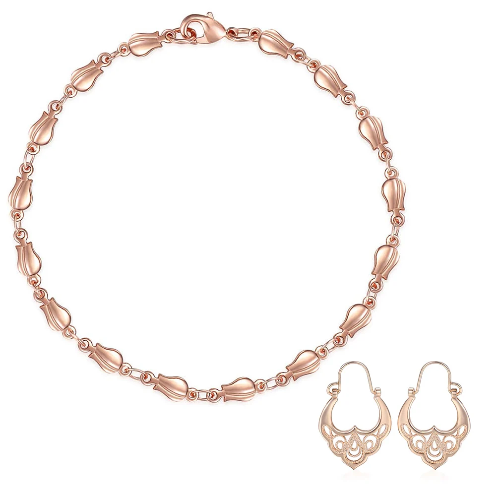 

Jewelry Set Bracelet Earrings for Womens Girls Tulip Bud Bead Beaded Link Rose Gold Filled Drop Dangling Earrings Flower DGEF04
