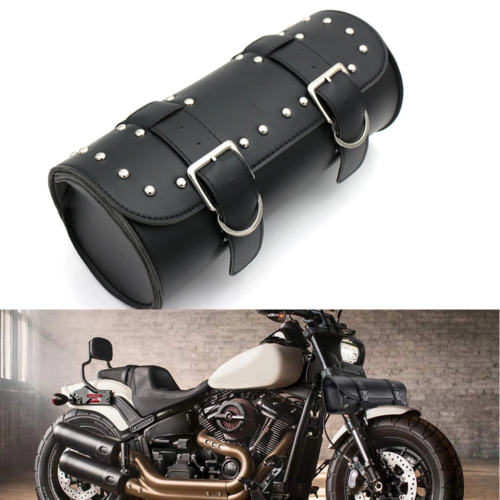 Black Motorcycle Tool Bag Handlebar Sissy Bar Saddlebag Roll  For Harley