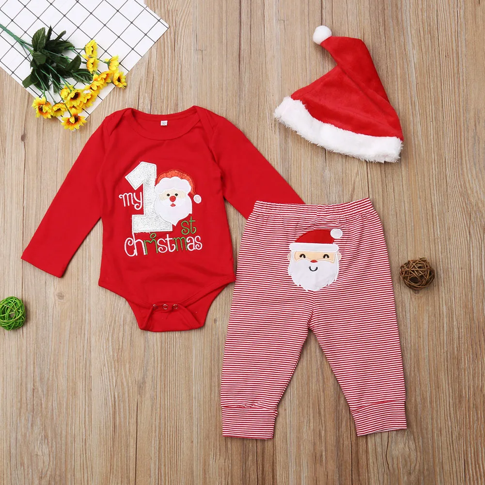 Мой первый Рождественский костюм для маленьких мальчиков и девочек, комплект одежды из 3 предметов, рождественские подарки для маленьких девочек, топы, комбинезон, штаны комплект одежды с шапочкой Санты