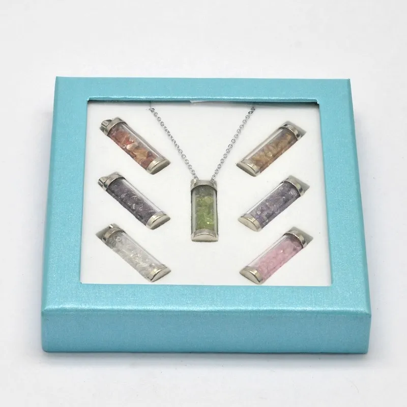 

7strands/box 19.68" Plastic Water Bottle Pendants Necklaces with Gem-stone Chip Beads Inside and Brass Chain Pandahall