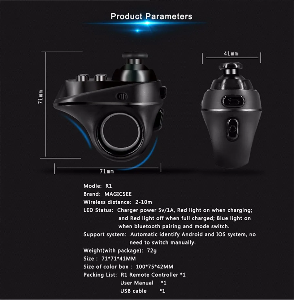 R1 Мини кольцо Bluetooth перезаряжаемый беспроводной Одноручный VR пульт дистанционного управления Джойстик Геймпад для Android 3D очки