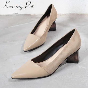 

Krazing Pot genuine leather vintage block high heels slip on popular square toe Hollywood movie stars slip on wedding shoes L09