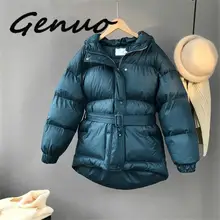 Genuo New Three Color Solid Women Parkas Hooded Zipper Single Breasted Coat Winter Thick Korean Fashion Sashes Jacket