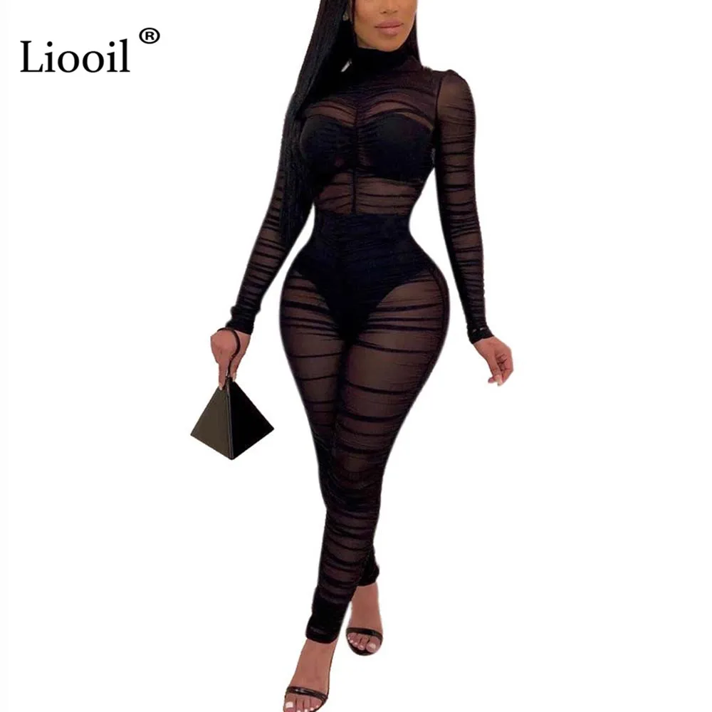 

Liooil Black Draped Sexy Jumpsuits Tights See Through One Piece Outfits 2019 Women Sexy Costumes Party Club Jumpsuit Long Pants