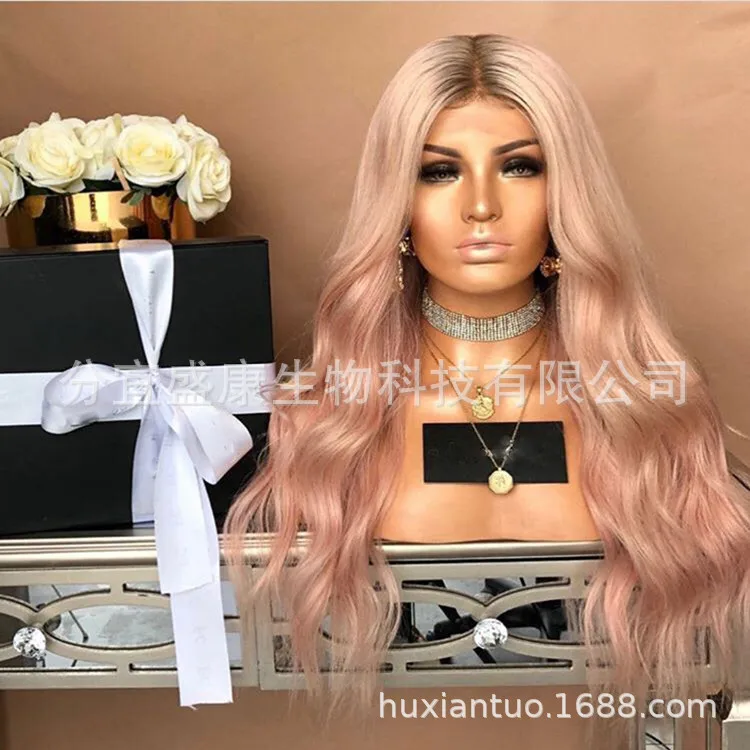 

1pc Medium Long Curly Hair Big Wave Head Set In The Spot Dyed Fashion Pink Chemical Fiber Wig Female G0504