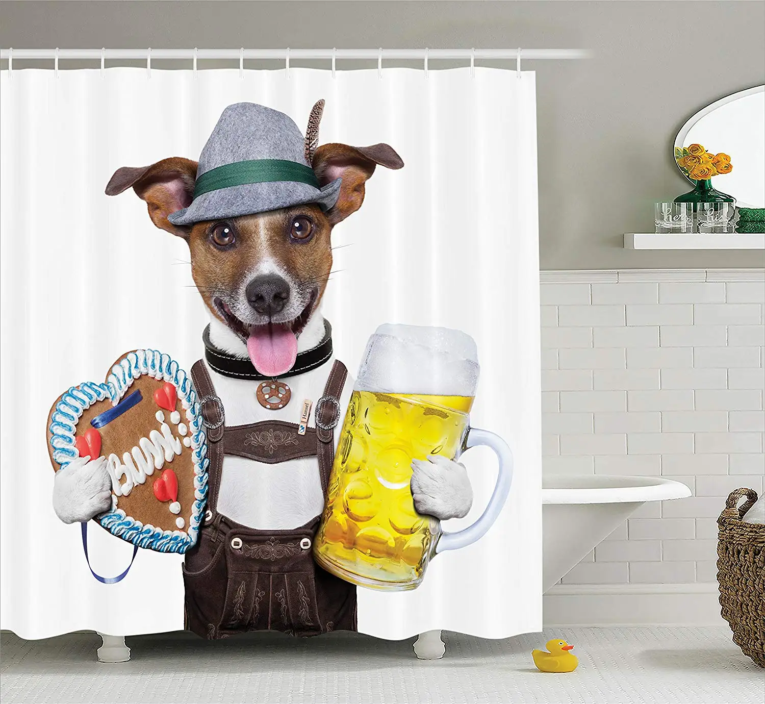 

Festival Decorations Collection Oktoberfest Dog with Beer Mug and Gingerbread Heart Smiling Happy Art Polyester Fabric Bathroom