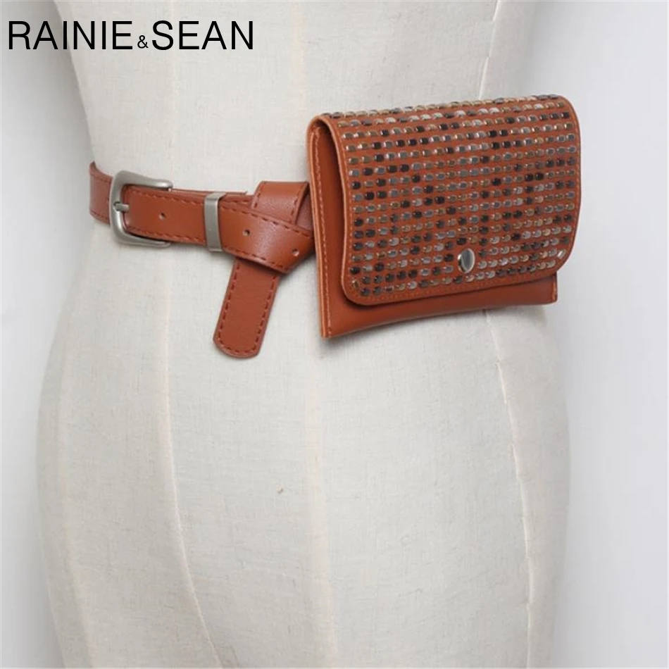 

RAINIE SEAN Leather Belts For Women Bag Belt Rivet Fanny Pack Female Phone Bag For Belt Red Black White Camel Female Waist Belts