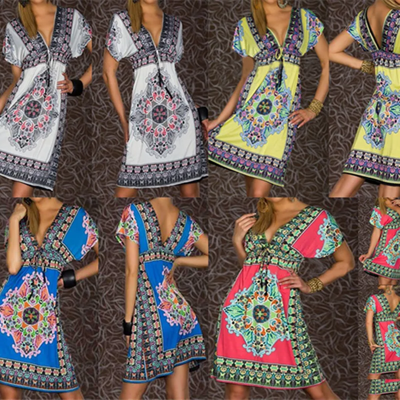 2016 Hot Sale  Women Sexy Summer Floral Beach Boho Maxi Sundress Ethnic Skater Dress Free Shipping G249-C