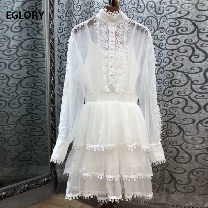 

Top Grade Designer Dress 2019 Spring Fashion Black White Dress Women Appliques Lace Patchwork Long Sleeve Princess Lady Dress