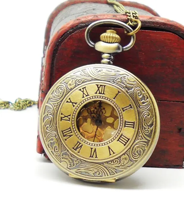 

(1001) Steampunk Pocket Watch vintage bronze Roman Numeral Half Hunter Watch Necklace , 12 pcs/lot, wholesale