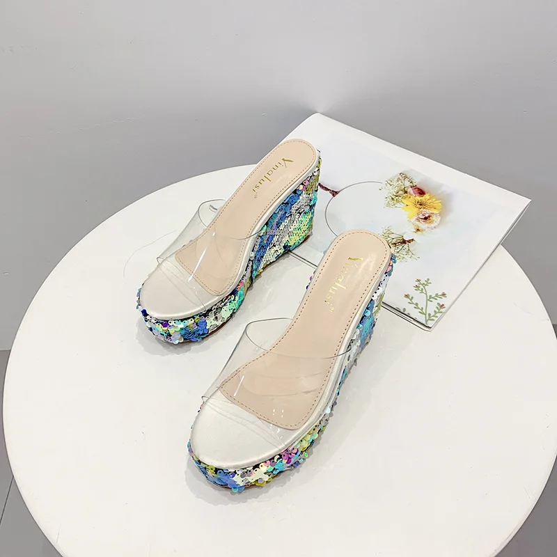 

Shoes Slides Women's Slippers 2019 Multicolored Sandals On A Wedge Transparent Heel Heeled Mules Low Sliders New Summer Heels