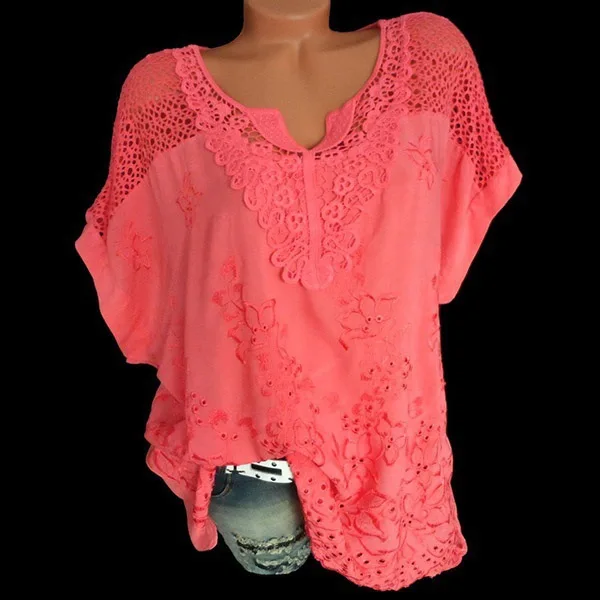 Новинка лета, Женская Однотонная рубашка с коротким рукавом, модная ажурная кружевная вязаная рубашка, Уличная Повседневная рубашка 5 цветов, размер S-5XL