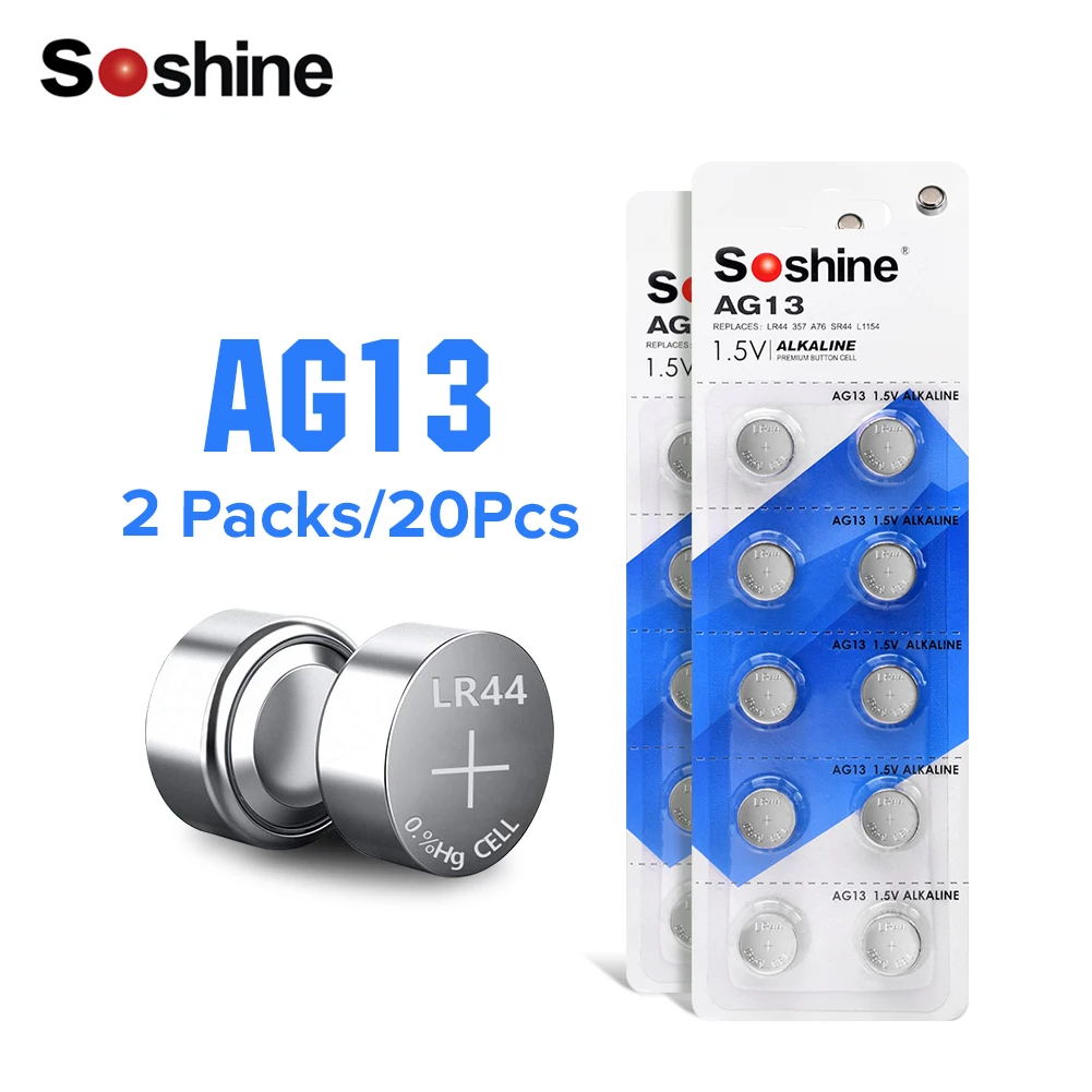 

Soshine AG13 LR44 LR1154 SR44 A76 A 303 357 Alkaline Cell Button Battery 20Pcs Suitable Supports Watch Calculator