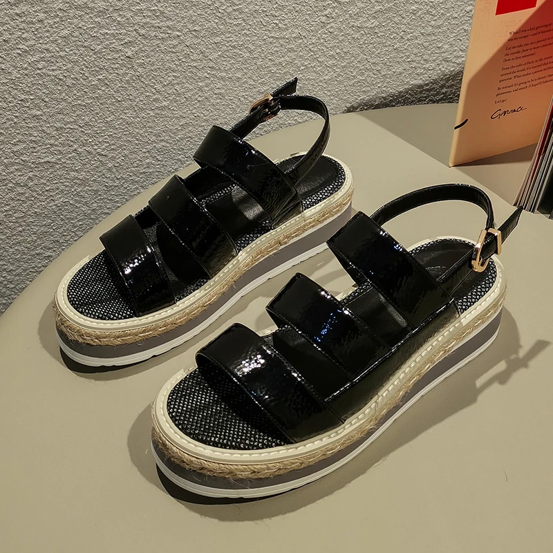 

Women's great pu leather band platform flats sandals open toe summer leisure thick sole sandals high quality casual shoes women