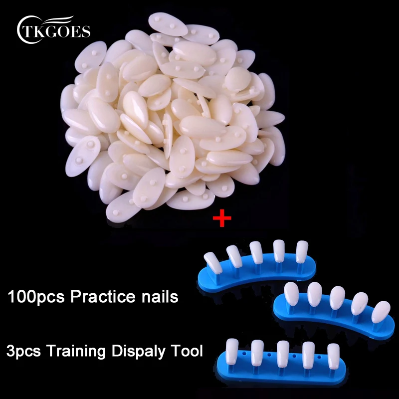 

TKGOES 100pcs Oval Plastic Nail Tips +1 Set Trainer Tool Adjustable Nail Art Model Hand Practice Training Displasy Manicure Tool