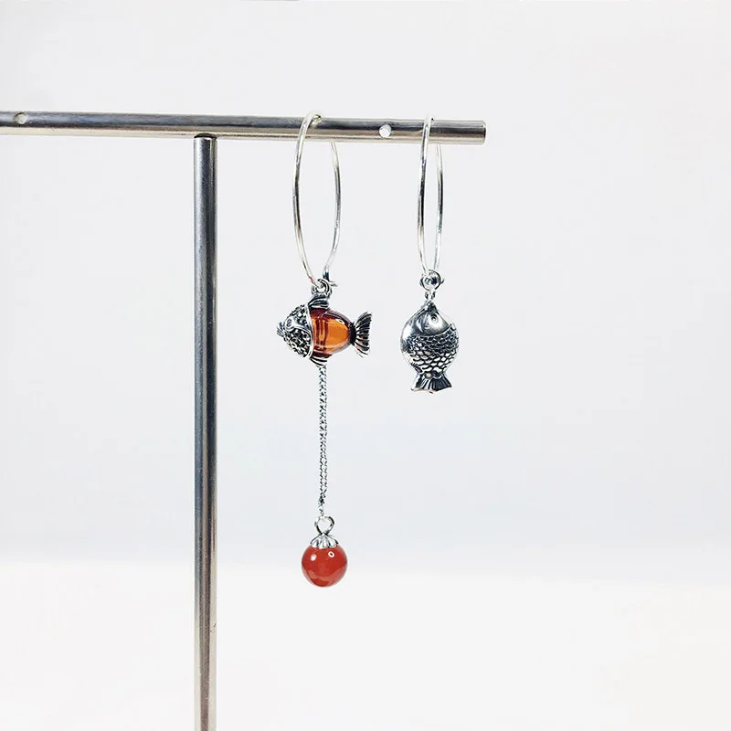 

2019 New arrival sterling silver 925 retro red cubic zirconia personality for women summer fish earrings fine jewelry on sale