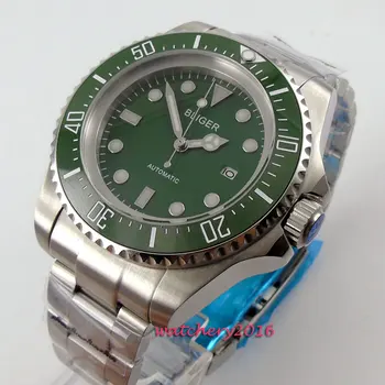 

2019 Newest Top brand Luxury 44mm Bliger Green dial ceramic bezel Luminous Hands SS Case Date Automatic Mechanical men's Watch