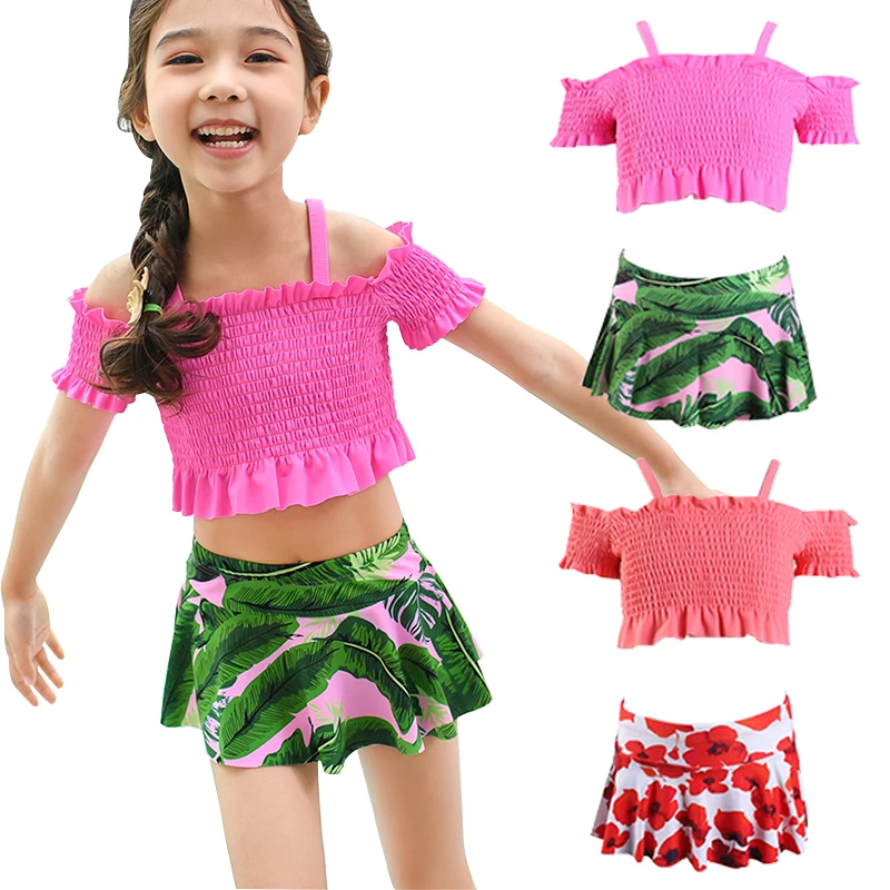 Baby/Little/Big Girls Smocked Off Shoulder Bikini Sets Children High