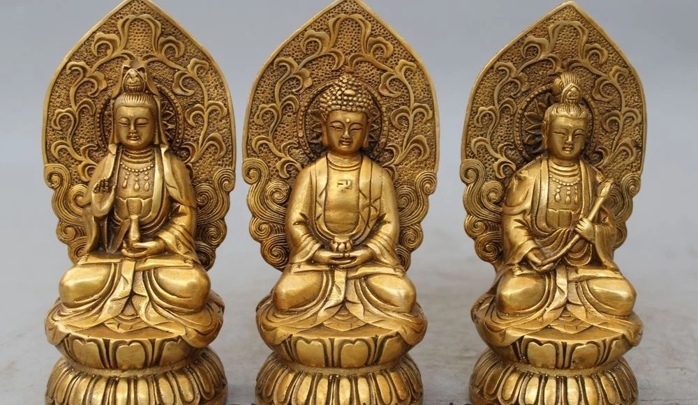 

7"Tibet Buddhism Fane Bronze gild Three Saints of the West Kwan yin Buddha Set
