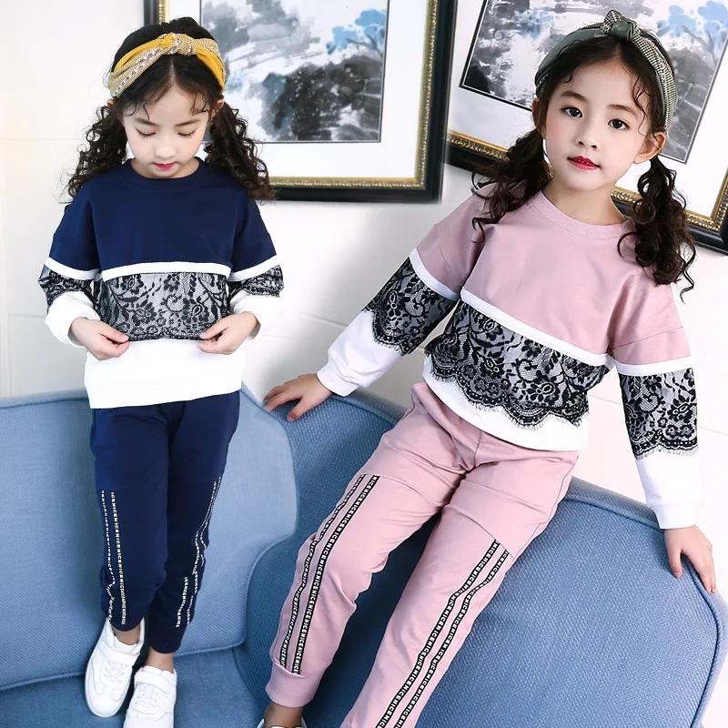 Retail 2Pcs Kids Girls Cute Spring Clothing Sets For School Girls Beautiful Cotton Patchwork Lace Pullover+Pant Kids Sport Suits