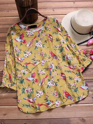 Large size women's shirt cotton and linen printed plus size 5XL 6XL 7XL 8XL 9XL summer round neck long sleeve loose white top - Цвет: picture color