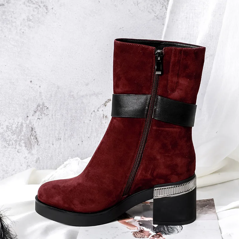BELISS 2018 fashion winter boots women mid calf genuine leather round toe snow boots ladies high heels buckle  (1 (18)