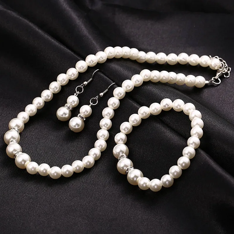 Fashion Pearl Jewelry Set Gold Color Top Elegant Party Gift Fashion Costume Pearl Necklace Earrings Bracelet Jewelry Sets