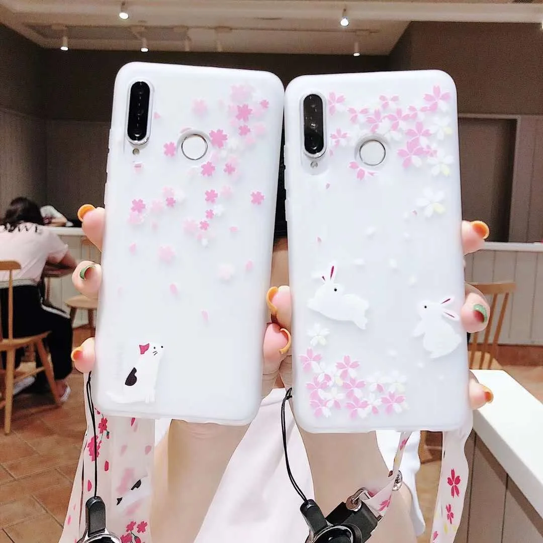 

Japanese cartoon cherry rabbit cat + lanyard phone case for iPhone X XR XS MAX 7 6 6s 8 Plus tpu soft pink cherry blossom cover