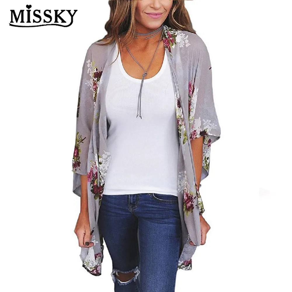 

MISSKY 2019 NEW Women Summer Blouse Stylish Kimono Western Style Floral Chiffon Sun Blocked Cardigan Female Clothes