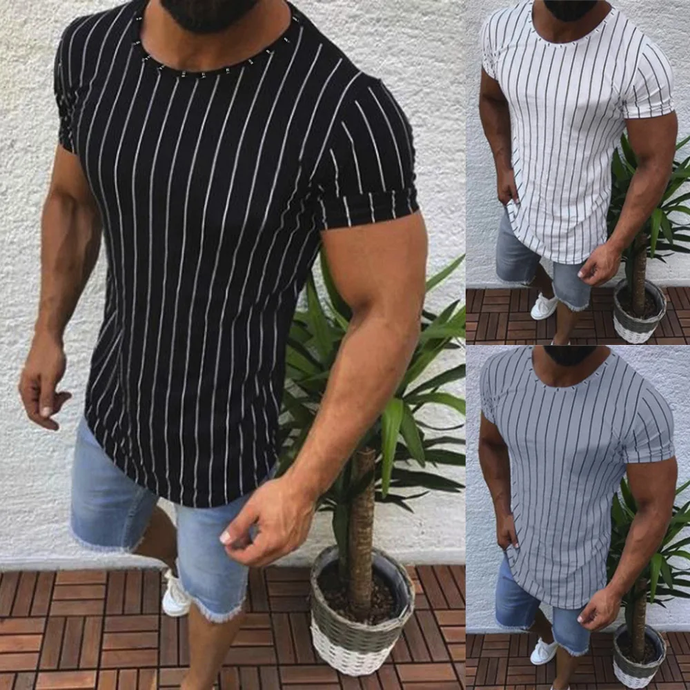 

2019 New Style Hot Sales Fashion Men Summer Muscle Striped Print Short Sleeve O-Neck T-Shirt Tops Blouse high quality comfortabe