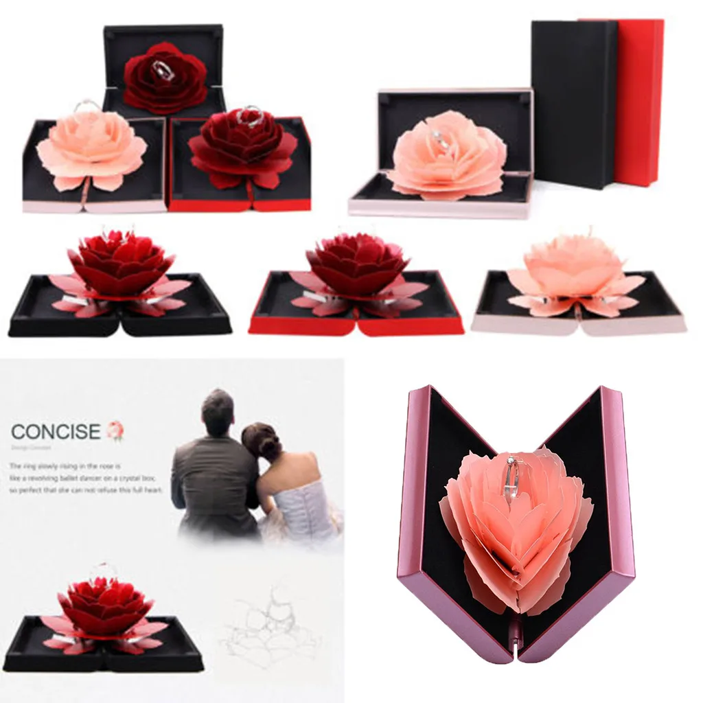 3D Pop Up Rose Ring Box Wedding Engagement Jewelry Storage Holder Case