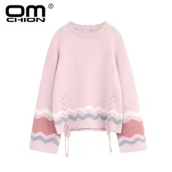 Omchion Sueter Mujer 2018 модные на шнуровке женские свитера и пуловеры элегантный o-образным вырезом с длинным рукавом корейский вязаный свитер LMM65