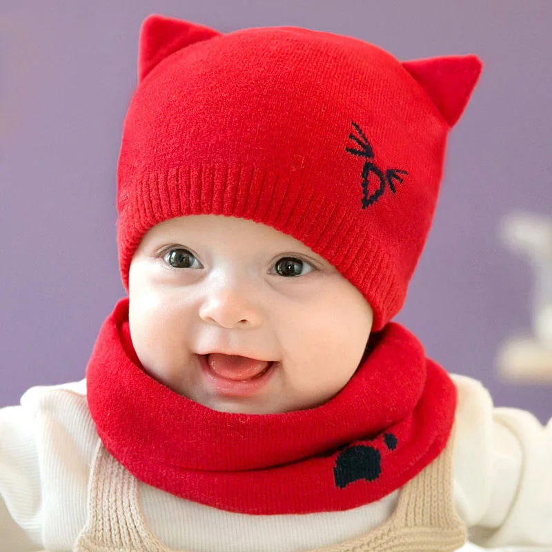 Комплект из 2 предметов, детская вязаная шапка, шарф, детские шапки с рисунком кота для мальчиков и девочек, шарфы, осенне-зимняя теплая шапка, шарф с капюшоном