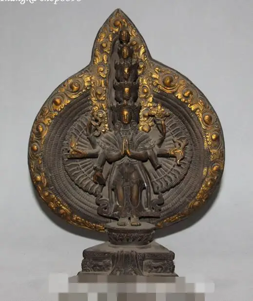 

11" Old Chinese Bronze Gilt 1000 Arms Avalokiteshvara of Goddess Kwan-yin Statue