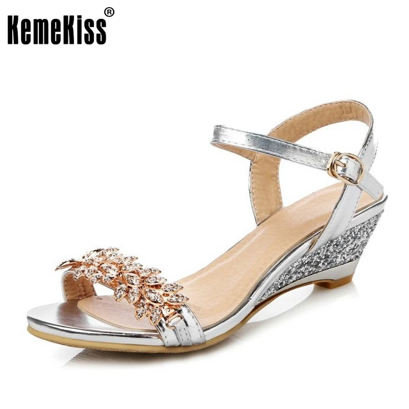 

KemeKiss Size 33-43 Women Med Heel Wedges Sandals Women Crystal Studded Stiletto Open Toe Shoes Women Metal Buckle Sexy Footwear