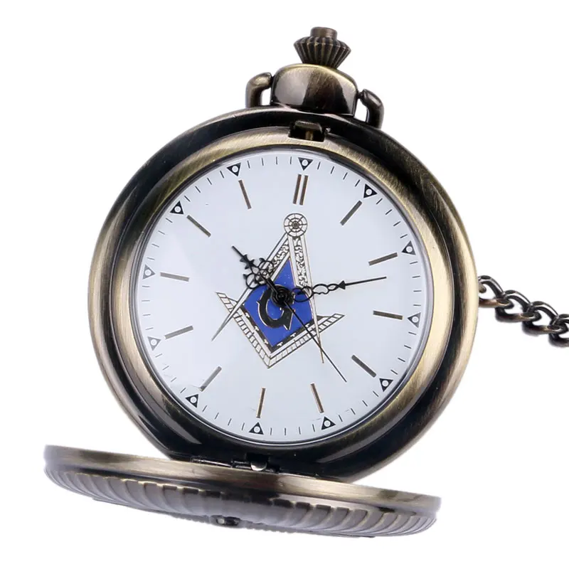 Overaize Big "G" Freemasons Bronze Quartz Pocket Watch With Thick Chain Unisex Round Shape Fob