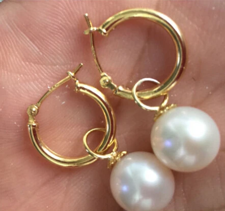 

hot sell new - hj 00603 charming pair of 10-11mm natural round south sea white pearl dangle earring14k
