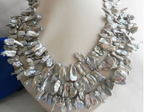 

0001519 3Strands 18'' 10mmX20MM Gray Biwa Baroque Round Freshwater Pearl Necklace AAA