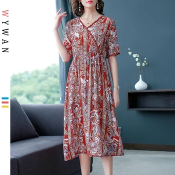 

Plus Size Women Print Dresses Vintage Elegant Lady Vestidos Chiffon Beach Dress Summer Sundress Loose Casual Female 2019