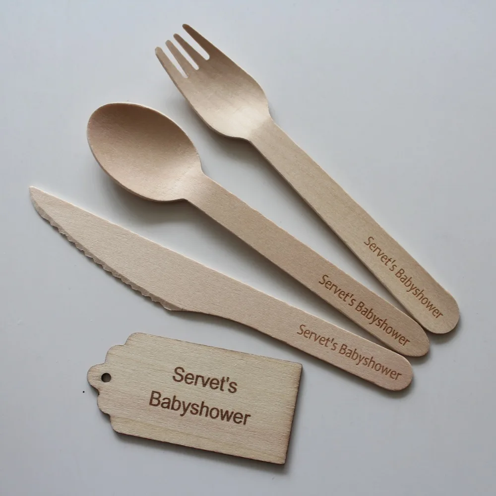 25 Sets Personalized Wooden Cutlery Set with Rustic Scallop Tags Baby