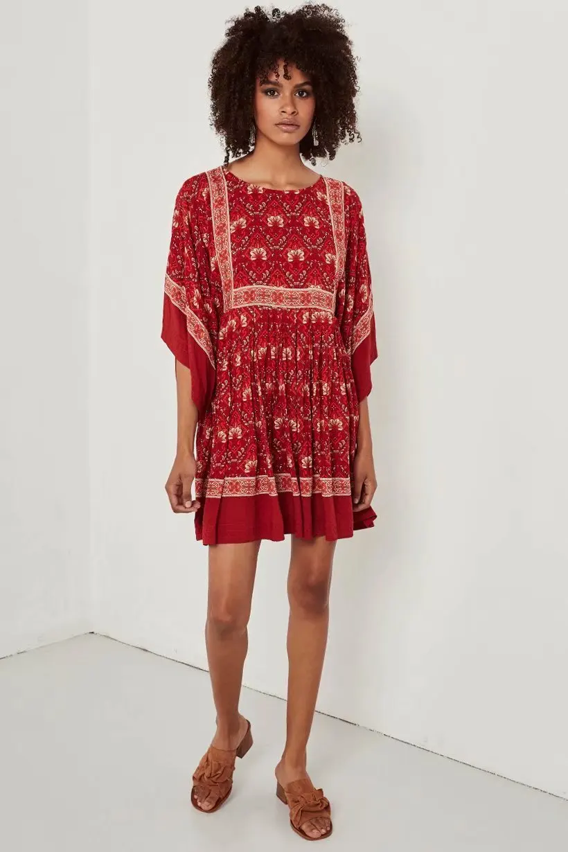 

2018 Women's Boho Chic Holiday Dress Retro Style Red Dresses O-neck Flare Sleeve Beach Dress Bohemian Printing Loose Short Dress
