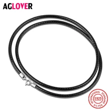 Веревочная цепь, черное ожерелье 3 мм, 925 коннекторы из стерлингового серебра, застежка, Мужская цепочка-шнурок для мужчин и женщин, веревочная нить, колье, ювелирное изделие